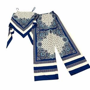 Women’s Blue/White Paisley 2-Piece Set Wide-Leg Pants & Top, Elastic, Small